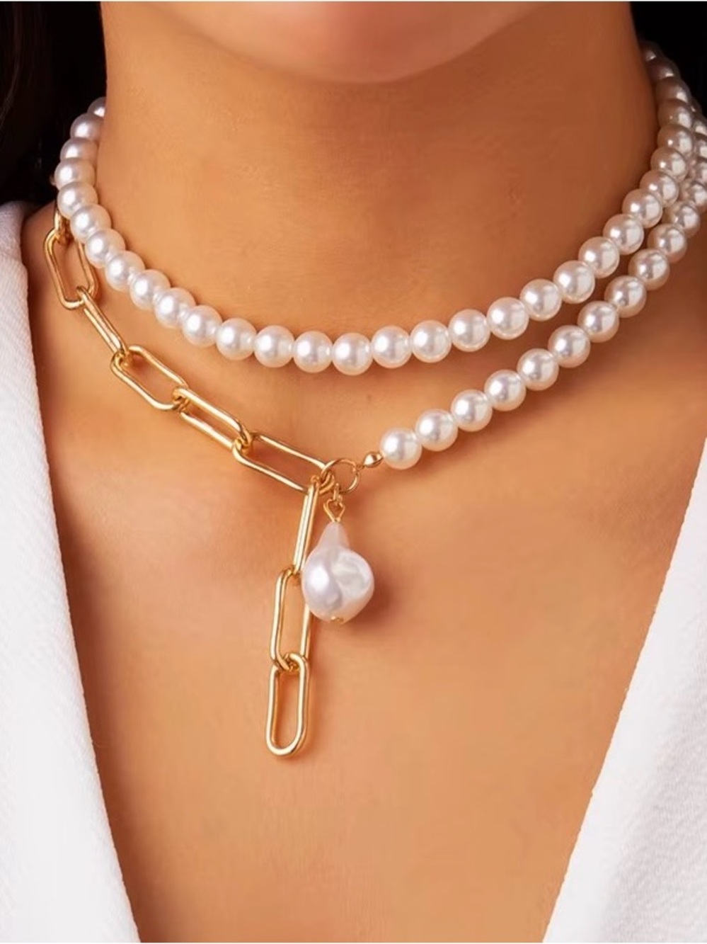 Fashion Jewelry Gold-Tone Chain and White Pearl Imitation Necklace 2 piece set